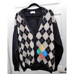 James Pringle Weavers Wool Gray Argyle Sweater Cardigan Sz L Made‎ In Scotland